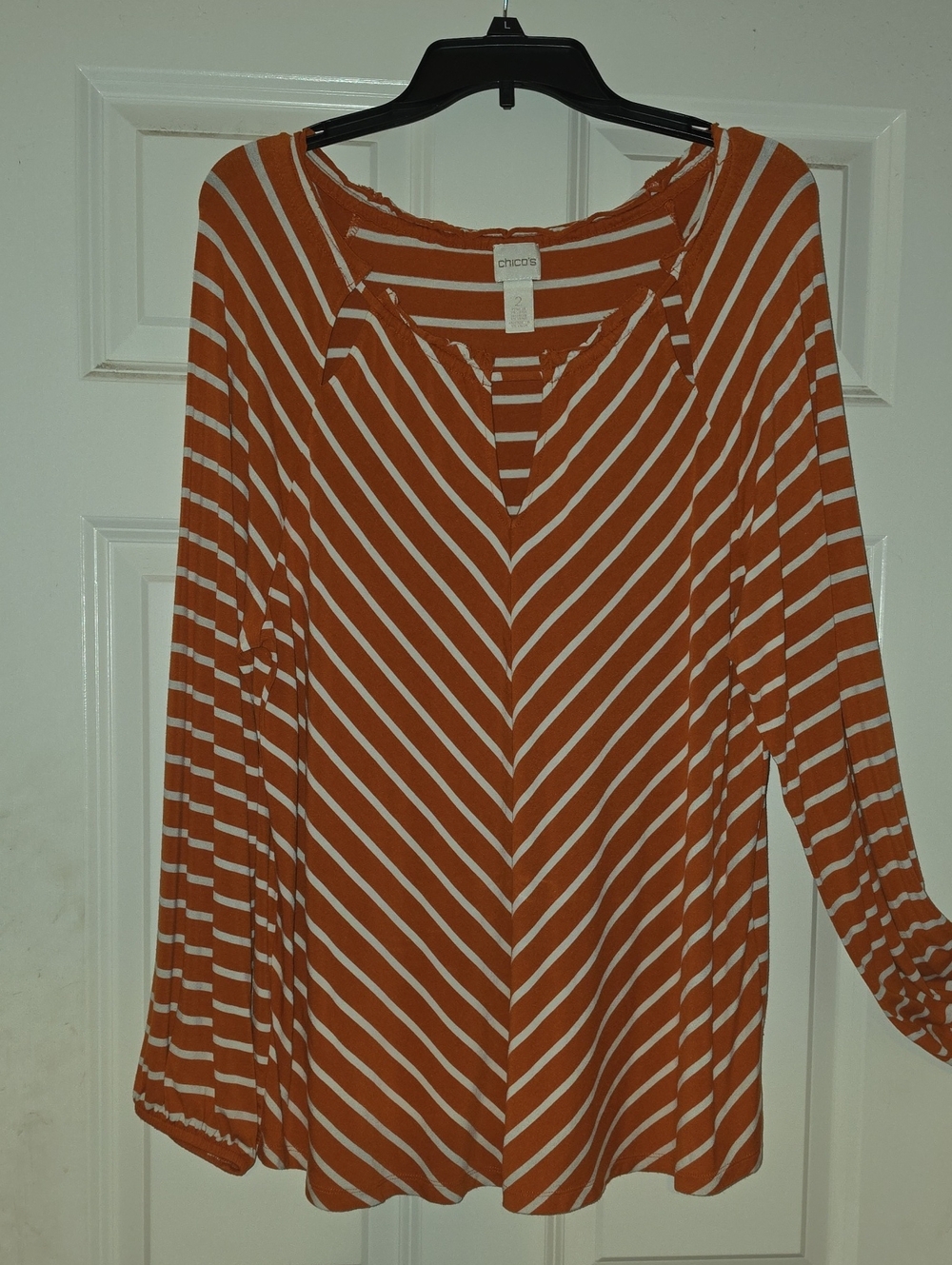 Chico's Rust and White Diagonal Stripe V-Notch Long Sleeve Tee